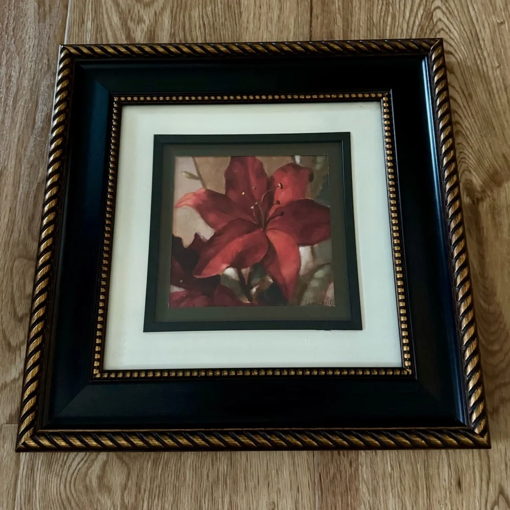 Framed Red Lily Floral Art Print in Decorative Black & Gold Frame - Picture 4 of 8